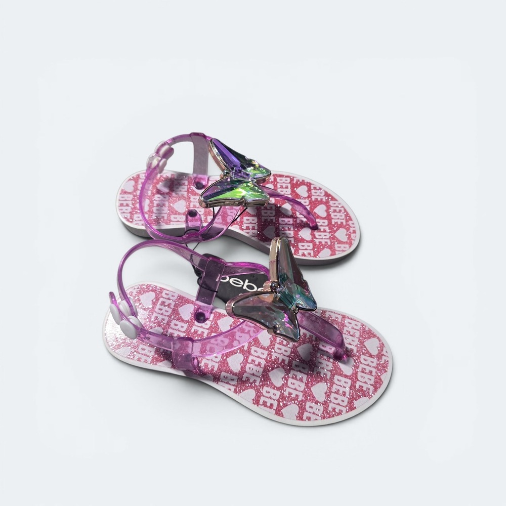 Bebe Girls Pink Jelly Sandals Iridescent Butterfly Glitter Thong Size  11/12
